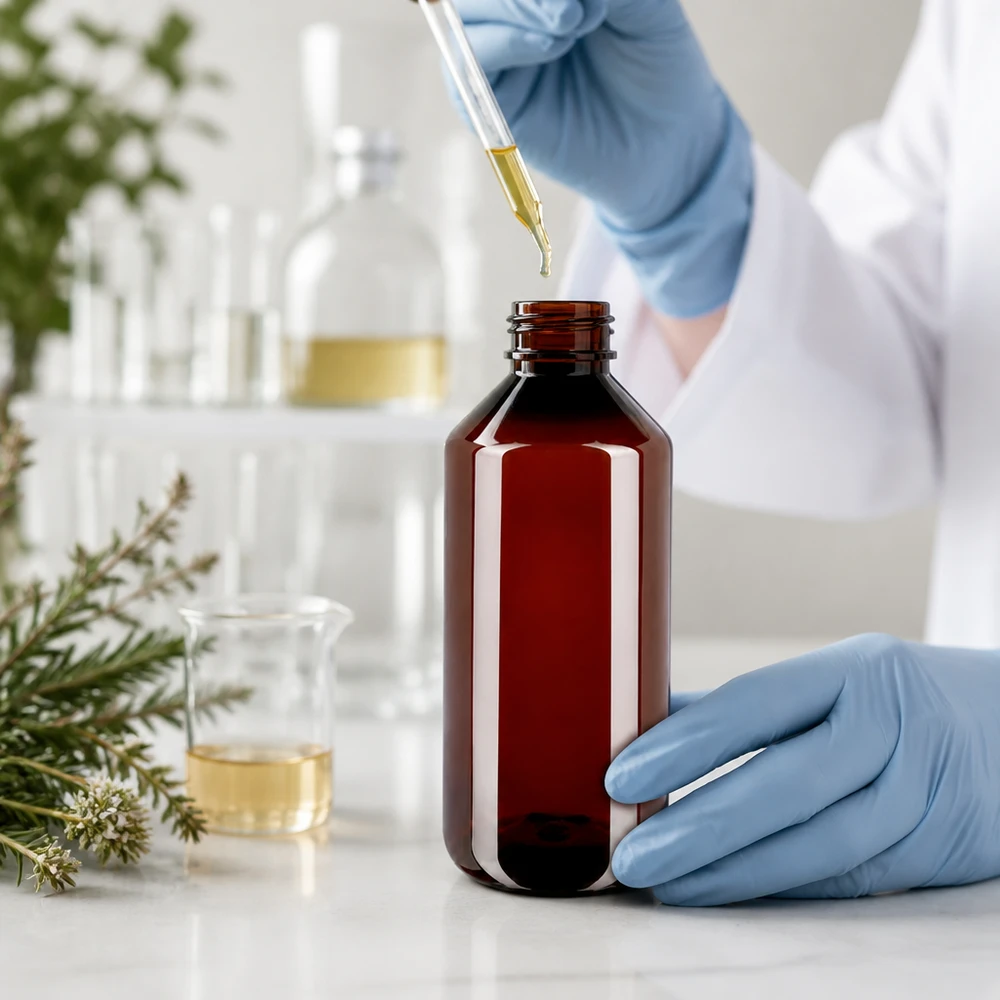 Stevige kunststof fles van 1 l, bruin-transparant, met blauwe OV-sluiting voor apotheekbenodigdheden
