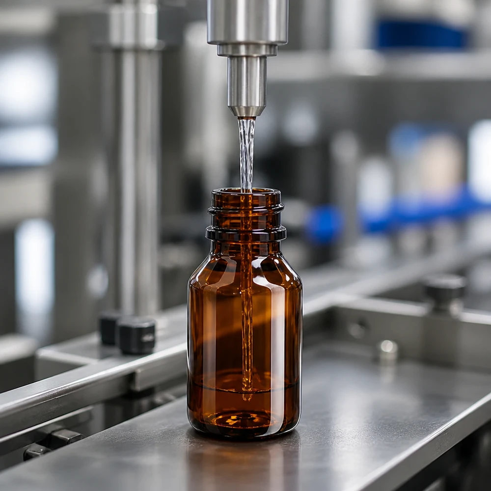 Braune Schutzglasflasche wird maschinell mit Flüssigkeit auf Produktionslinie befüllt
