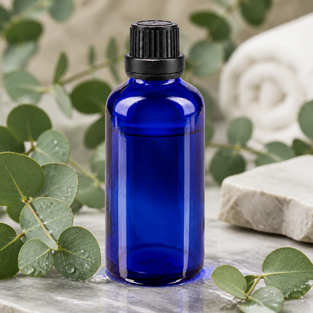 Apothekersflesje van blauw glas, 50 ml, met kindveilige schroefdop, zwart, 11 mm
