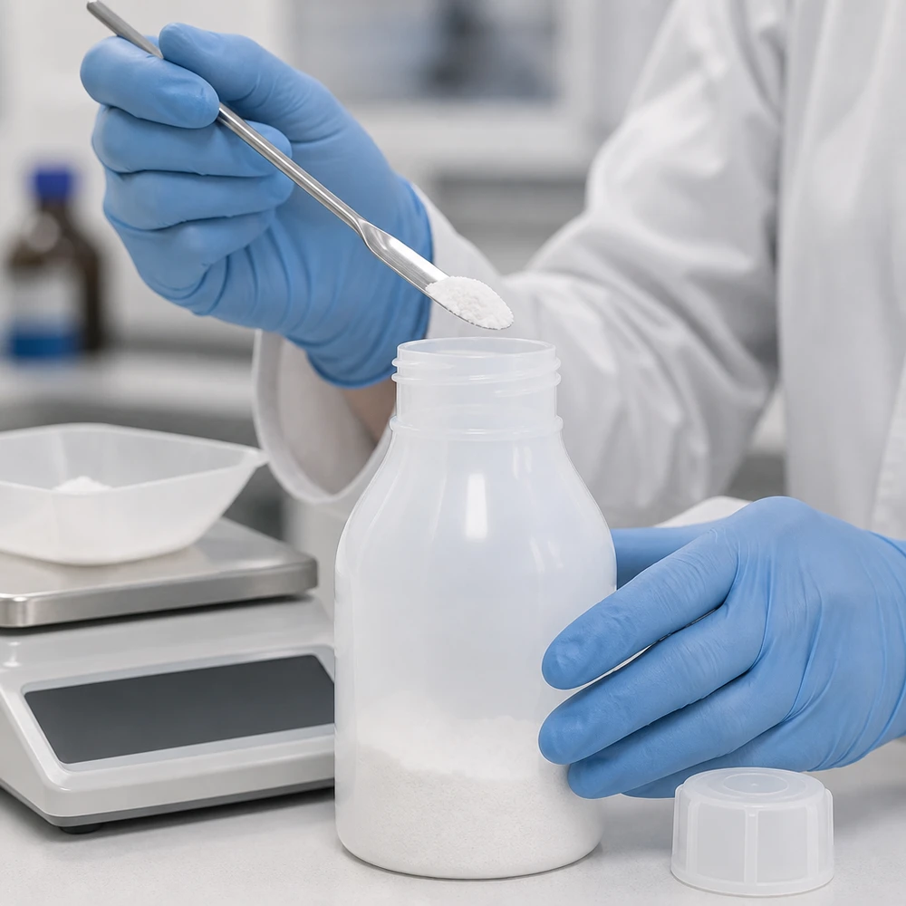 Nauwe hals laboratoriumfles 30ml met schroefsluiting Het nauwkeurig afwegen en vullen van een laboratoriumflesje met smalle hals van 30 ml met witte vaste stof
