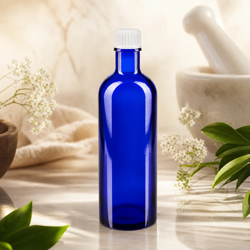 Blauwe glazen flessen 200ml met wit schroefsluiting St UV-beschermende apothekersfles, blauw, 200 ml, met witte schroefdop, voor het bewaren van oliën