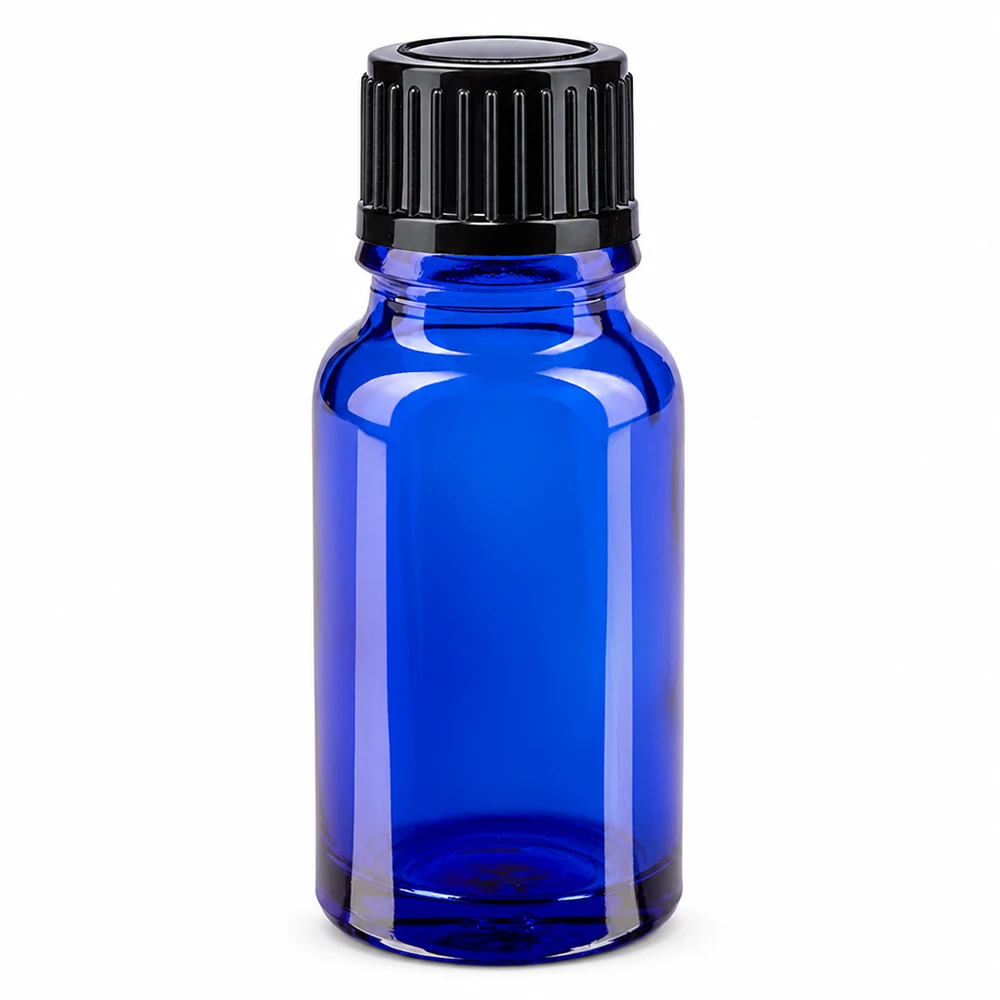 Blauw ApoGlas-flesje van 10 ml met geribbelde zwarte schroefdop van 11 mm voor farmaceutisch gebruik