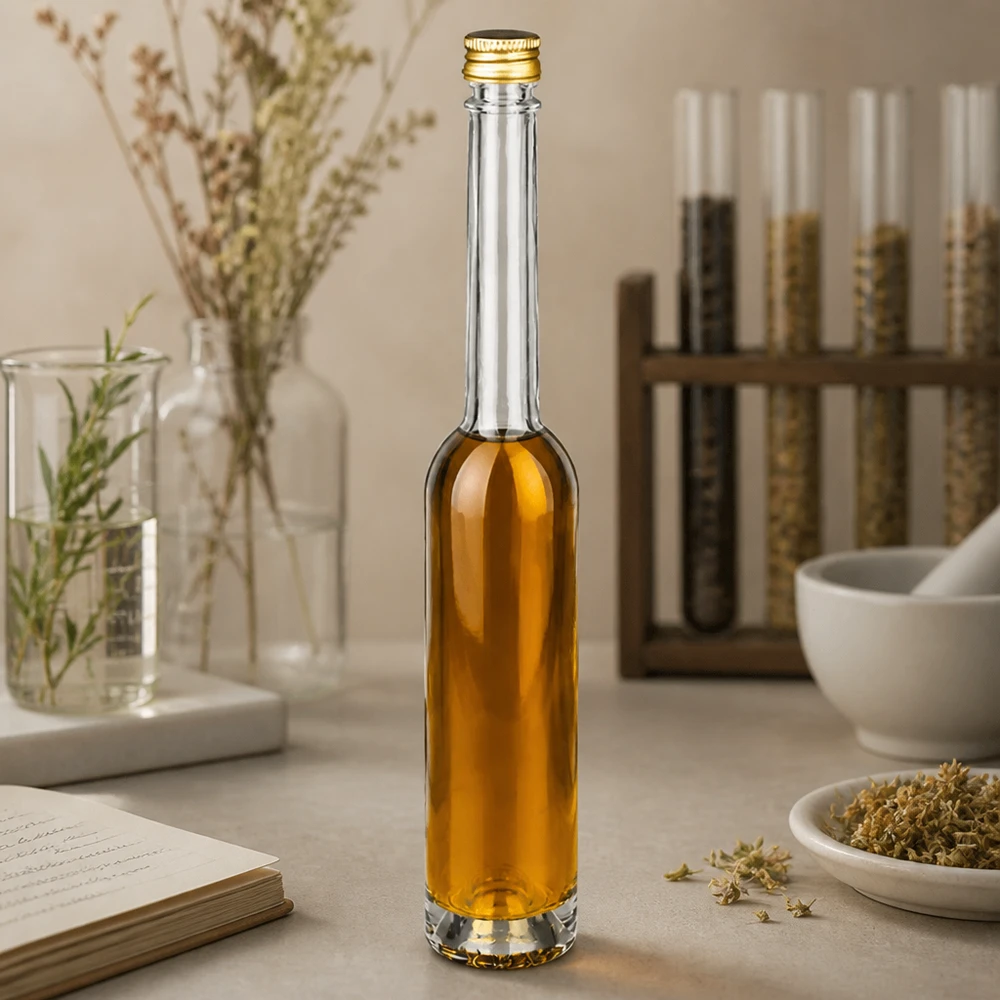 100 ml glazen fles Toni en schroefdop zilver UNiTWIST® 100ml Glasflasche Toni mit bernsteinfarbener Flüssigkeit in apotheker-inspiriertem Ambiente - UNiTWIST Goldverschluss