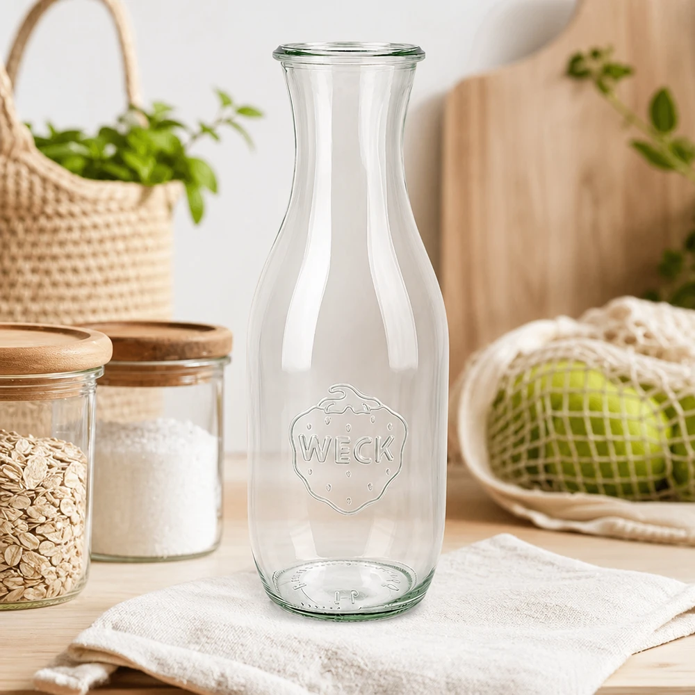 WECK sapfles 1062ml RR60 op wit doek in duurzame keuken met voorraadpotten en biologische groenten