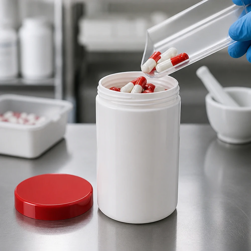 Volgens de farmaceutische voorschriften: afvullen van rode capsules in een witte pot met schroefdeksel van 250 g, vervaardigd uit polypropyleen