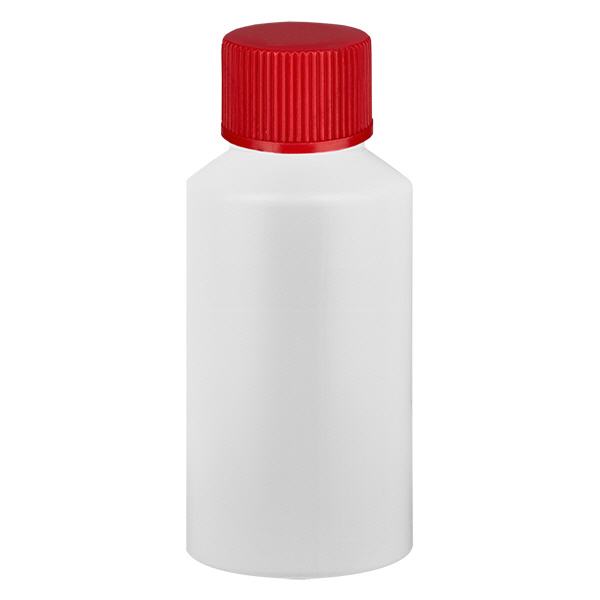 PET cilinderfles 50ml wit met schroefsluiting rood PET cilinderfles 50ml wit met schroefsluiting rood