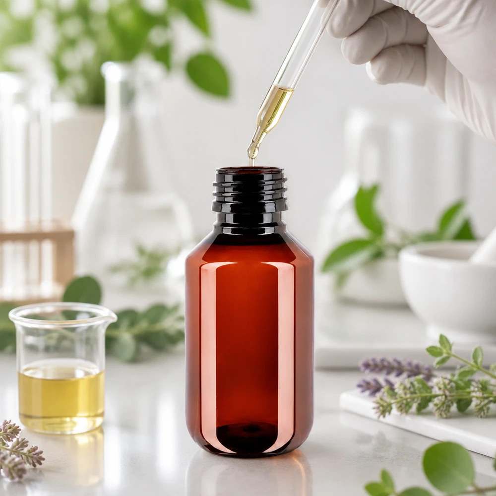 Doorzichtige amberkleurige PET-fles van 100 ml, brede-halsfles PP28, druppelaar, laboratoriumkwaliteit, kruidenolie