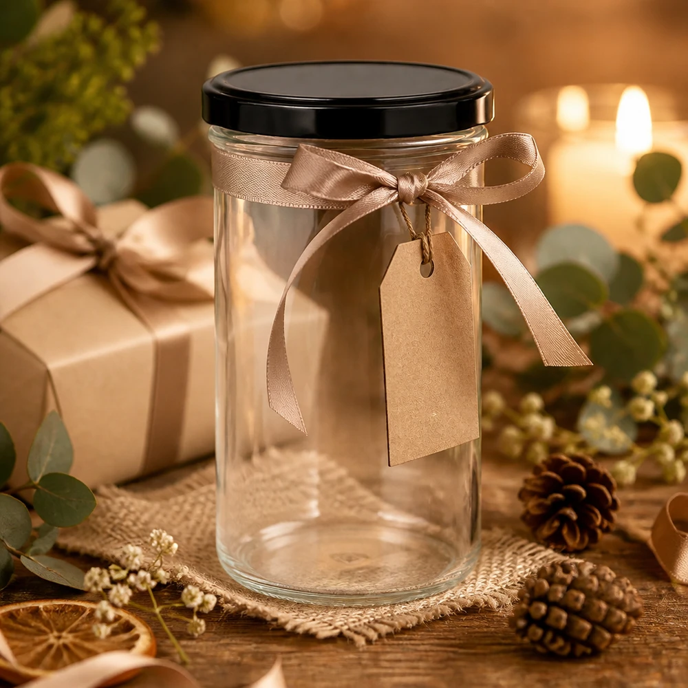 277ml bekers als geschenkverpakking met bruine strik en label kerstdecoratie geschenkpot leeg