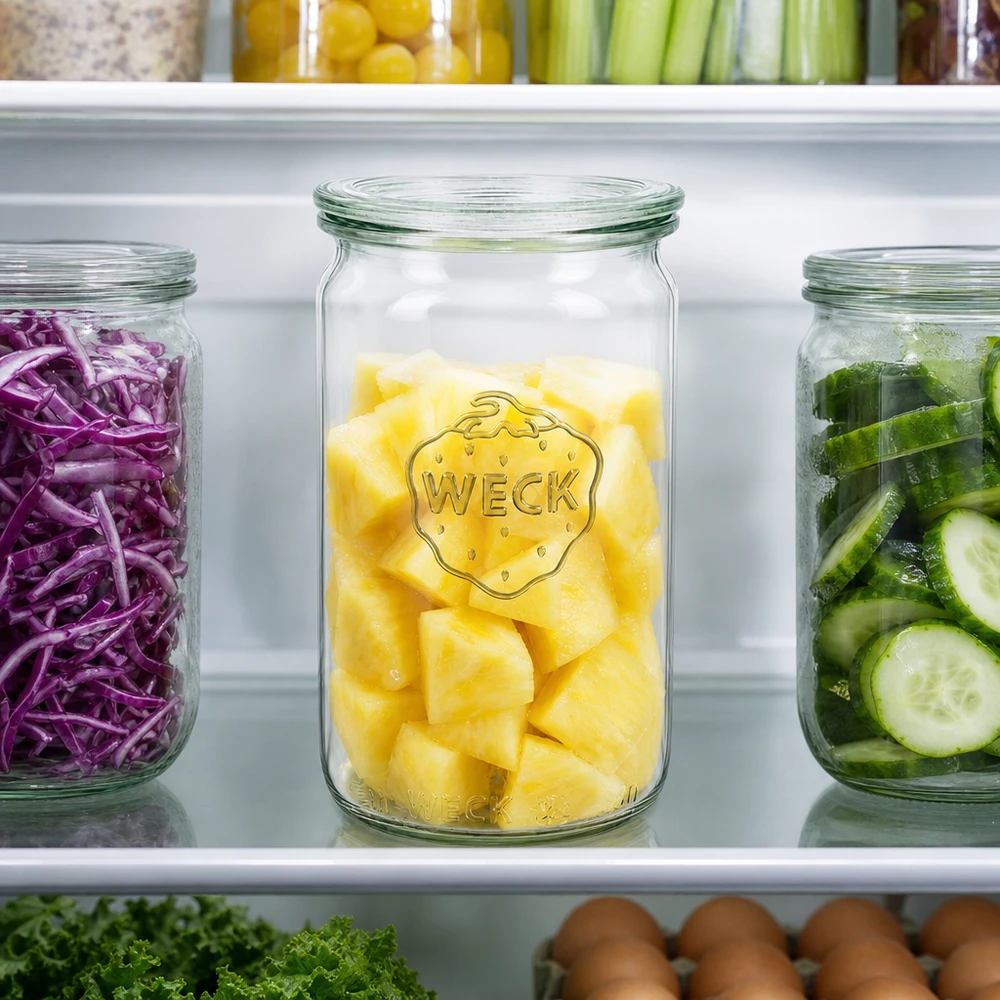 WECK 340 ml cylinder pot RR60 in de koelkast gevuld met ananas naast rode kool en komkommer voor meal prep organisatie