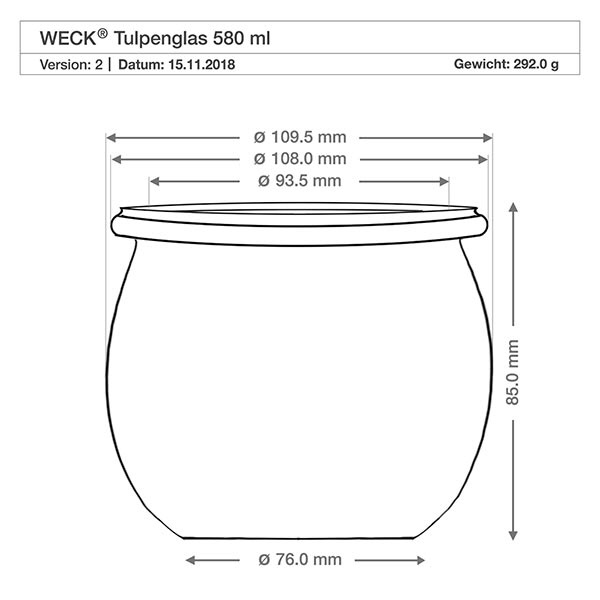 580ml tulpenglas WECK RR100 met kurk Technische tekening WECK tulpenpot 580ml RR100 met afmetingen Diameter Hoogte Gewicht Productspecificatie