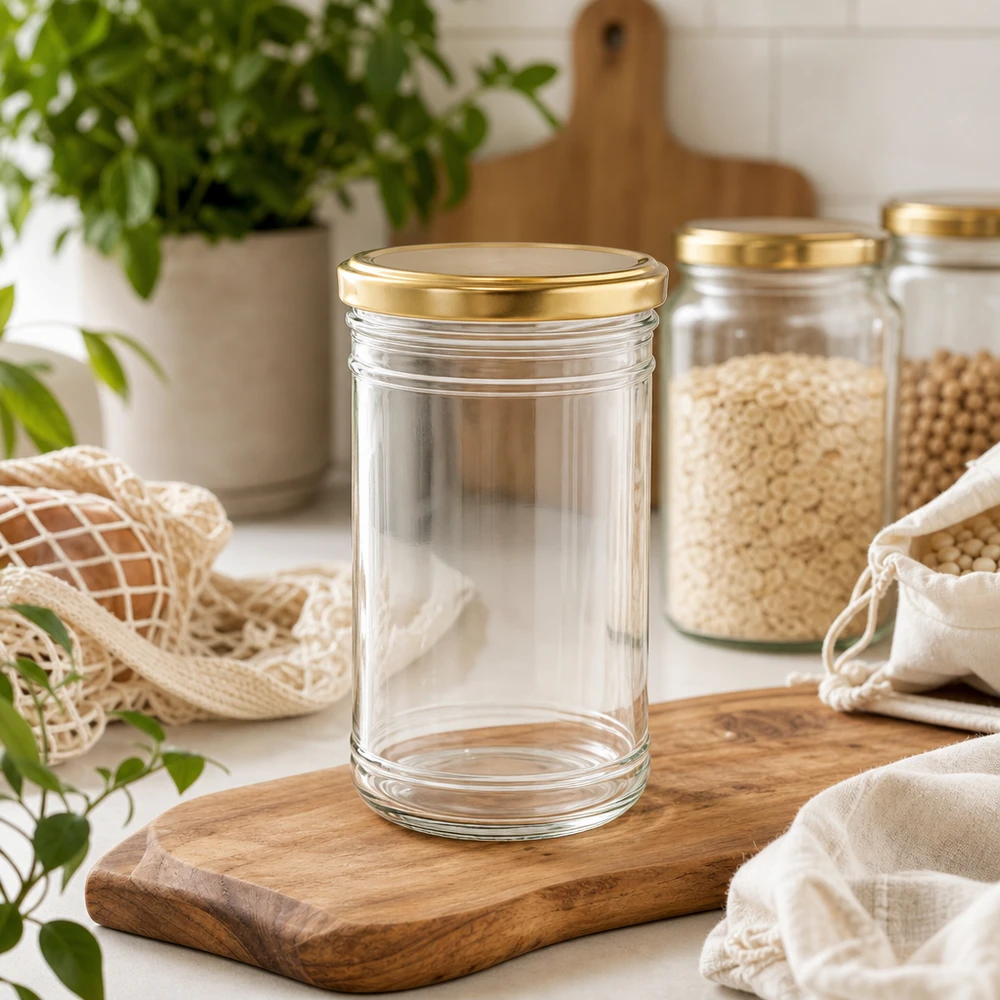 Lege glazen pot van 1053 ml met gouden deksel op houten plank in duurzame zero-waste keuken met voorraadpotten