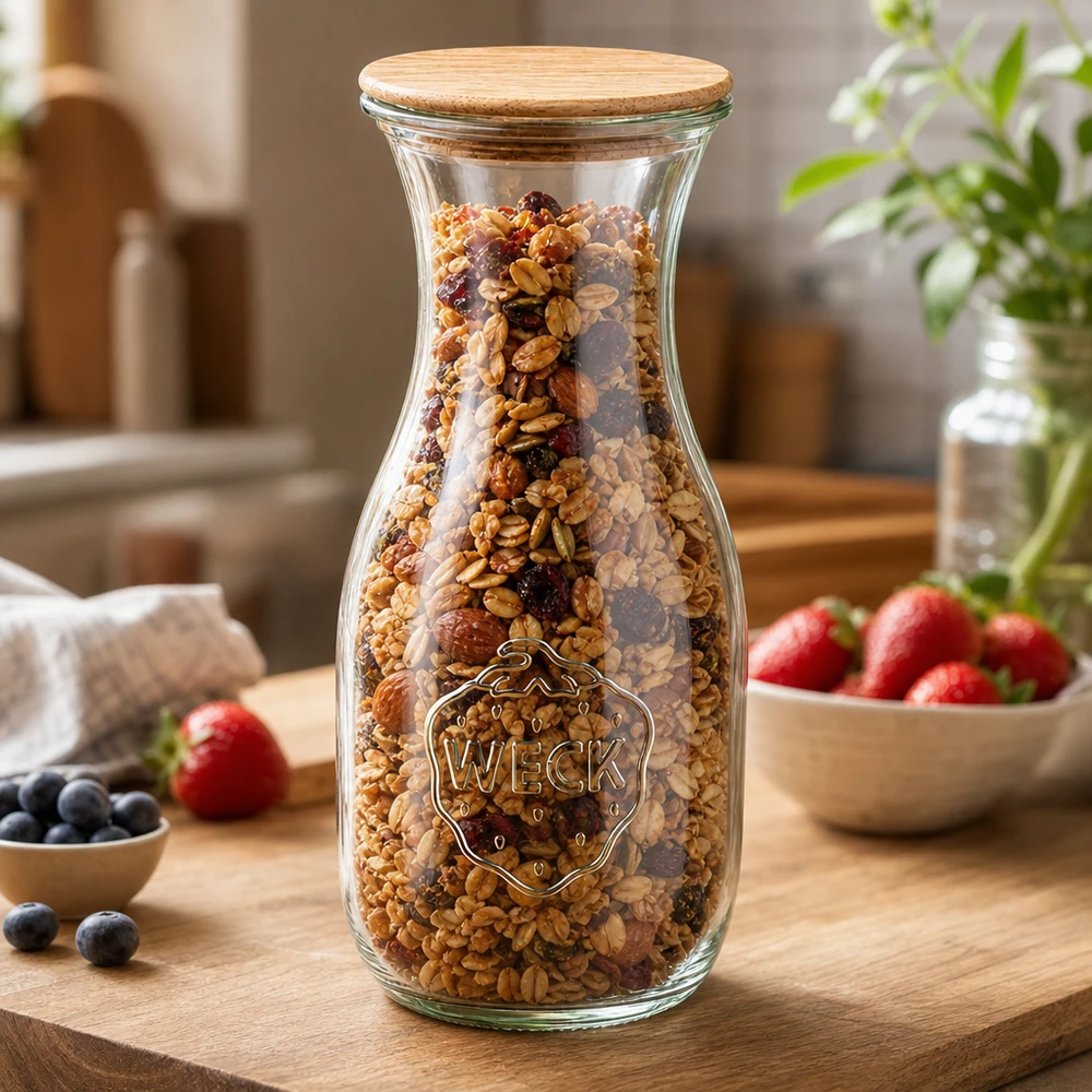 WECK sapfles 530ml RR60 gevuld met muesli en noten als voorraadpot met houten deksel op houten plank
