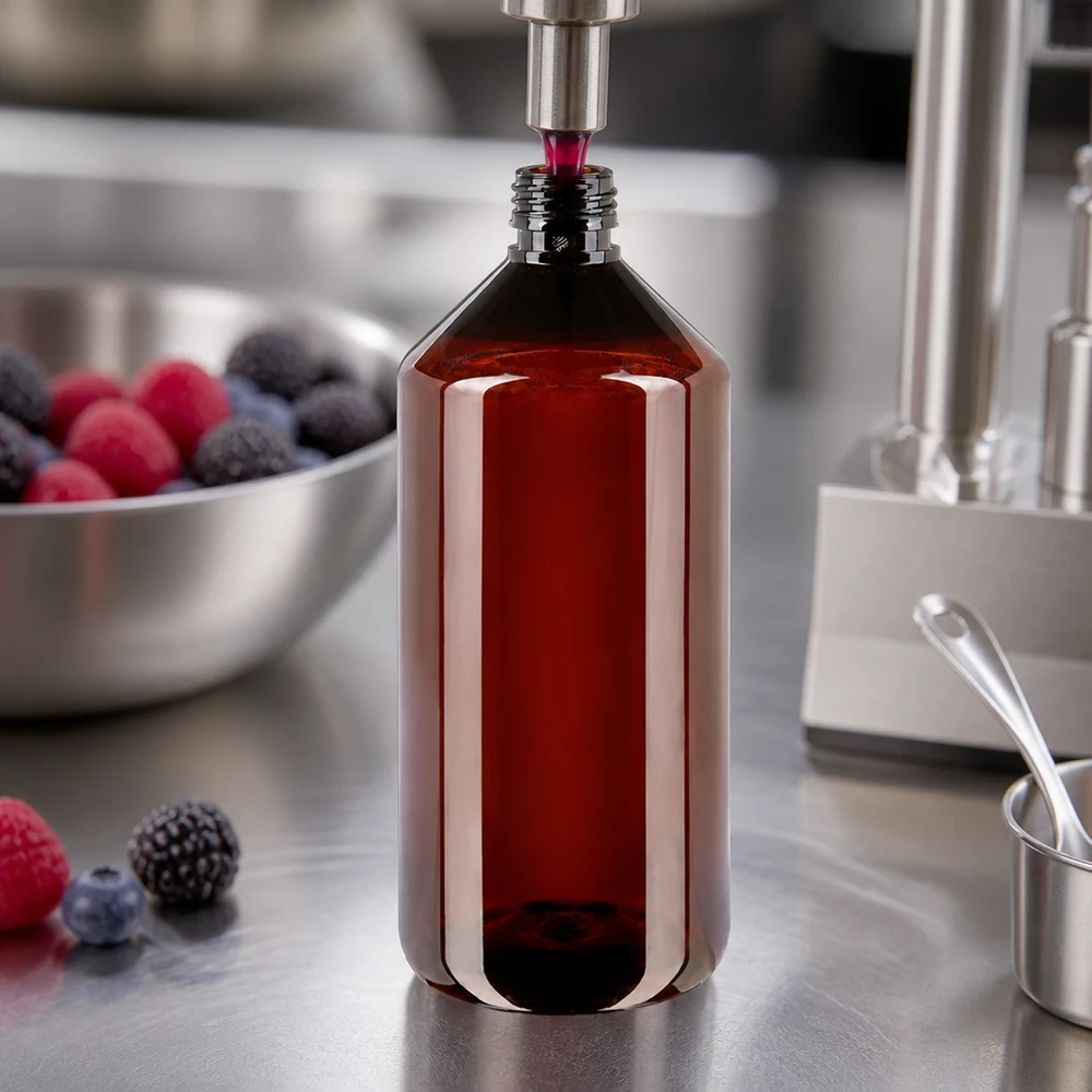 PET fles 1000ml PP28 zonder dop Slanke apothekersfles, amberkleurig, 1 liter, PET, met PP28-schroefdop voor bessensap