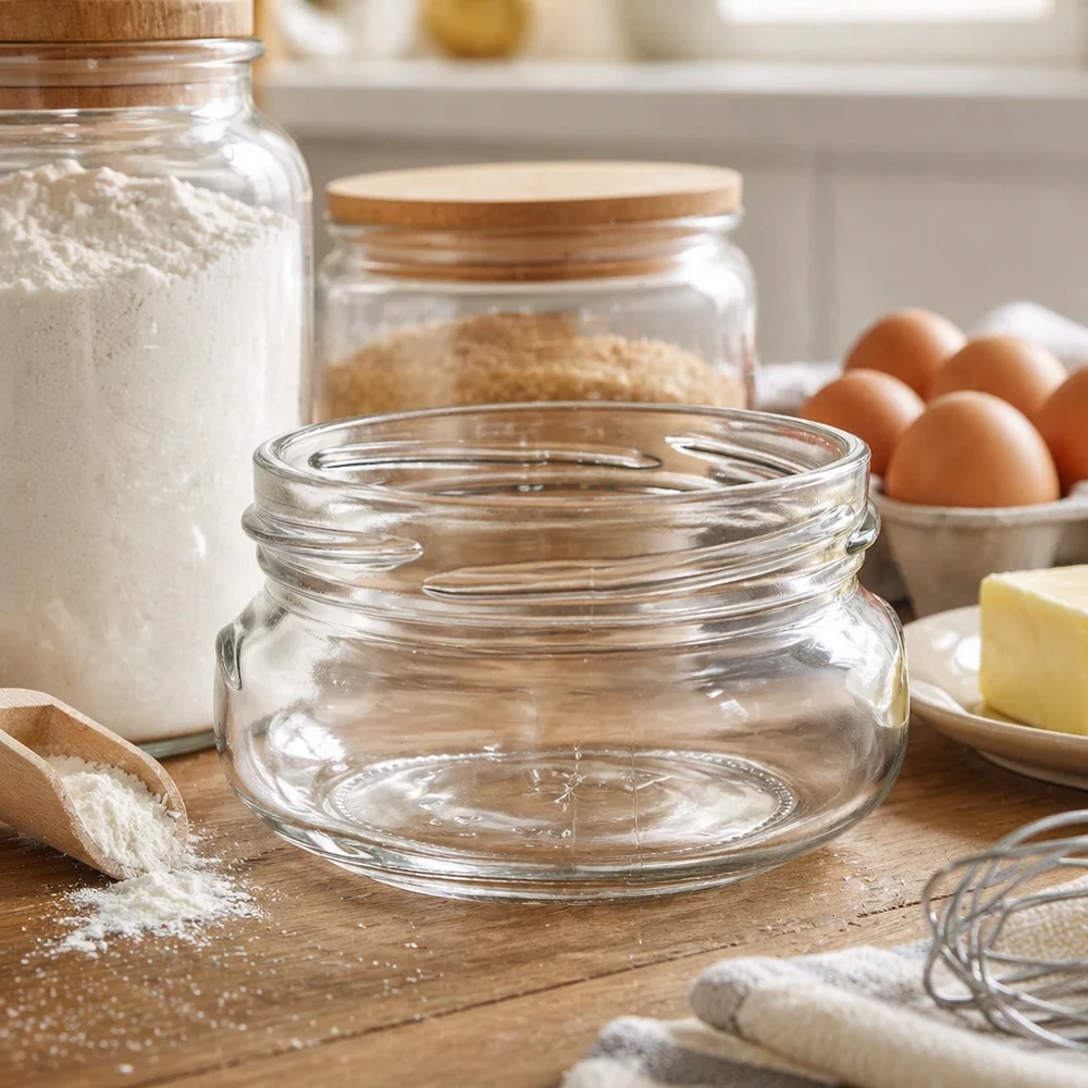 120ml terrine zonder deksel (TO70) UNiTWIST UNiTWIST Terrina120 terrine pot 120ml TO70 leeg op houten plank in keuken met bakingrediënten en voorraadpotten