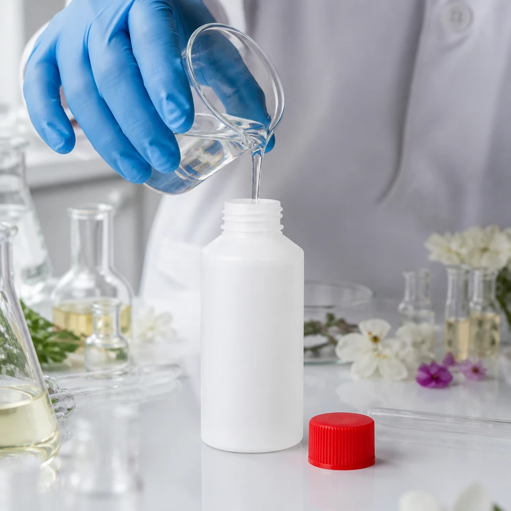 Het vullen van een witte HDPE-fles van 50 ml met een natuurlijk plantenextract in een farmaceutisch laboratorium