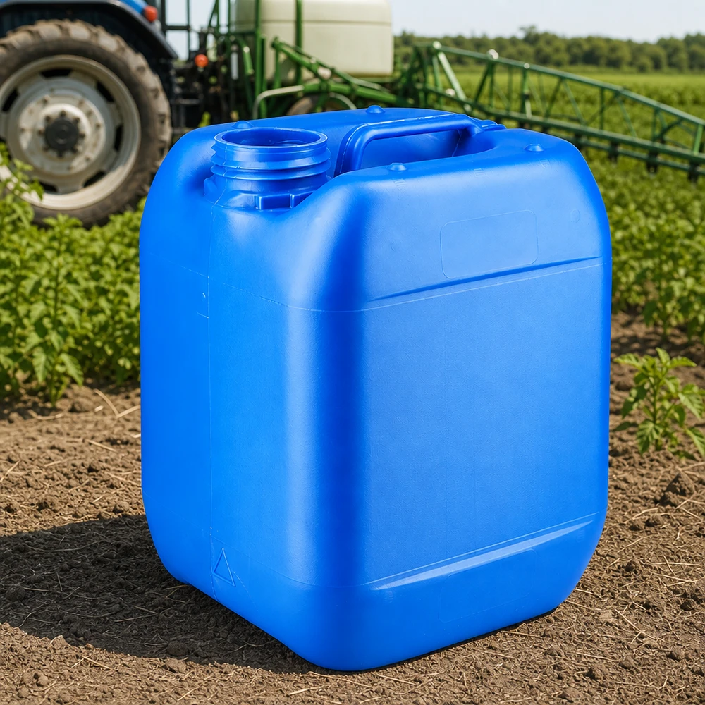 Canister 5 liter blauw zonder sluiting Lege blauwe jerrycan van 5 liter zonder dop, met twee openingen en een draaghandvat, in het veld