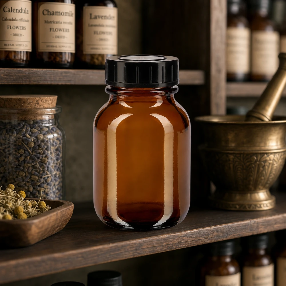 Hoogwaardige 50ml amberkleurige glazen fles met brede hals voor farmaceutische en cosmetische toepassingen