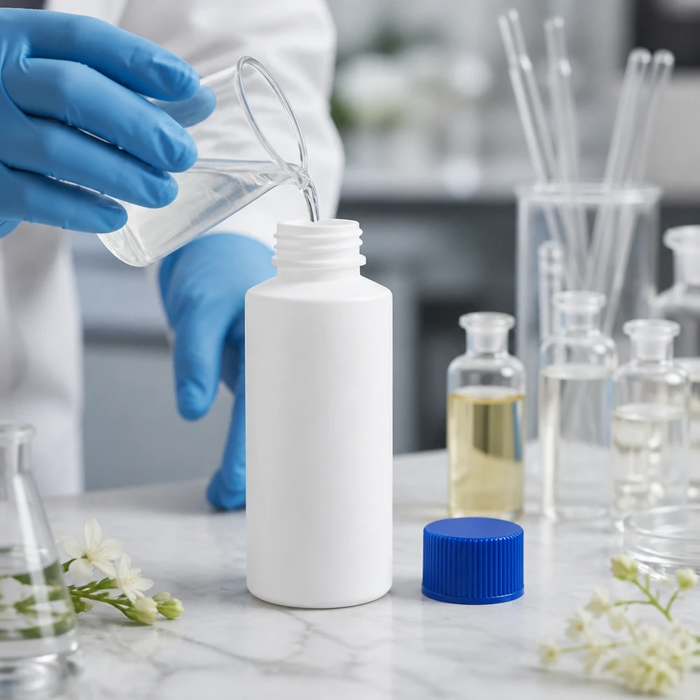 PET cilinderfles 30ml wit met schroefsluiting blauw Het vullen van een witte, ondoorzichtige HDPE-fles van 30 ml met een blauwe schroefdop in het laboratorium