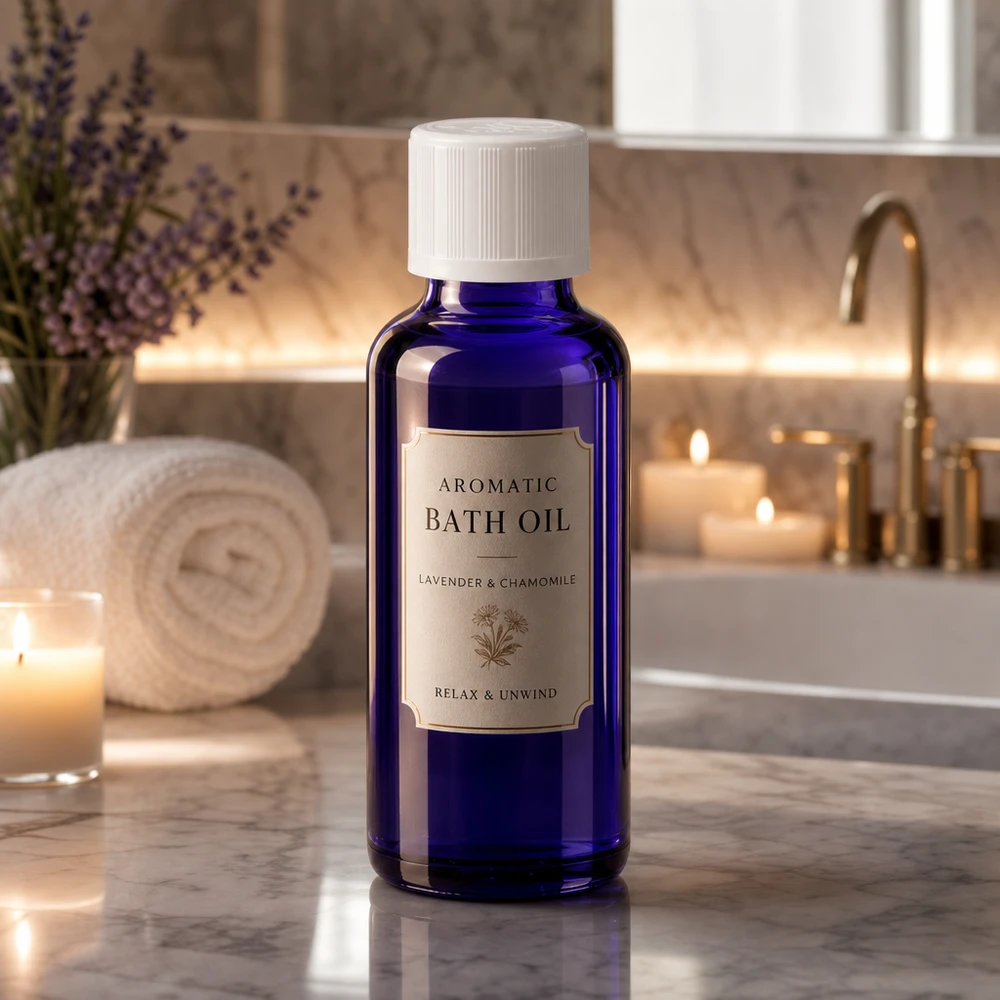 Blauwe glazen flessen 30ml met wit schroefsluiting kinderslot St Kleine blauwe glazen fles van 30 ml met een witte KiSi-dop in een elegante spa-omgeving