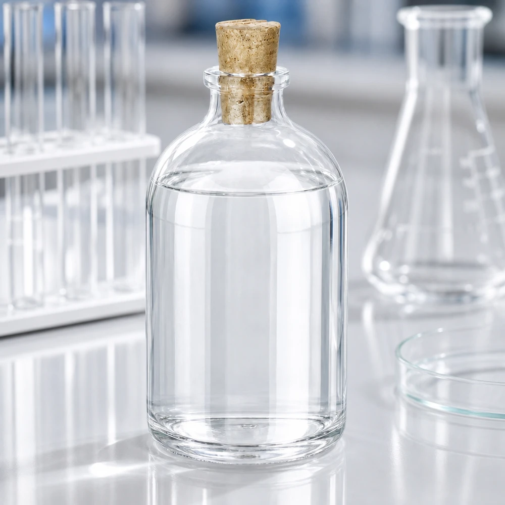 Injectiefles helder glas 100ml met kurk 11/14mm Miniaturflasche Klarglas 100ml mit konischem Korken auf Labortisch
