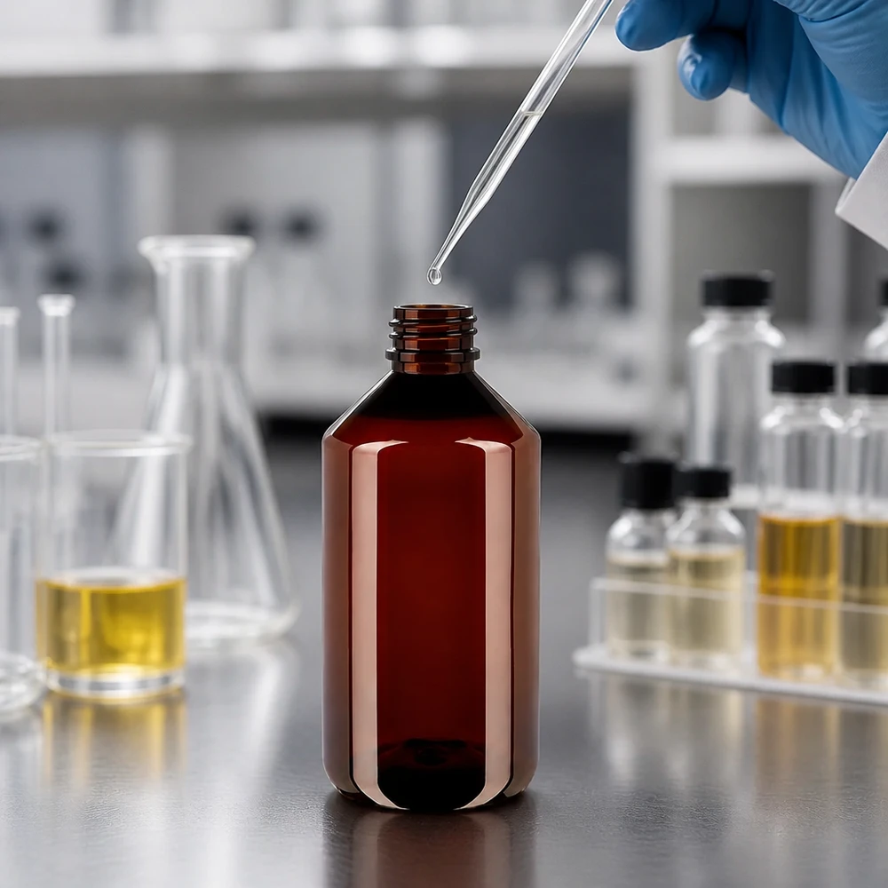 PET fles 750ml met rode verzegelstop Lege bruine PET-fles van 750 ml met rode schroefdop op een glanzend laboratoriumwerkblad