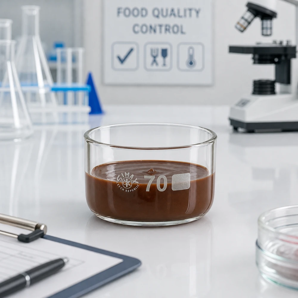 Kristalliseerschaal 100ml zonder schenktuit Kristallisatieschaal van borosilicaatglas met een stroperig bruin monster op een wit laboratoriumwerkblad