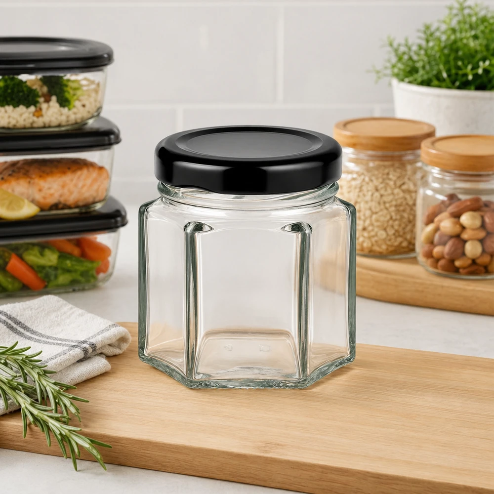 47 ml leeg hexa potje met zwart BasicSeal deksel in een moderne keuken naast voorraadpotten en maaltijddozen