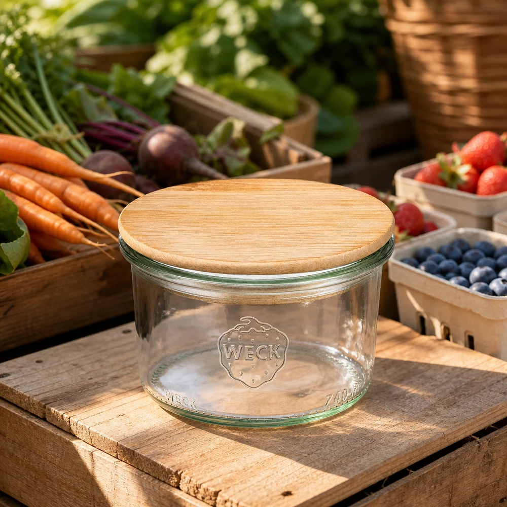 200ml WECK RR80 bekers met houten deksel in een rustiek markttafereel omringd door vers fruit en groenten