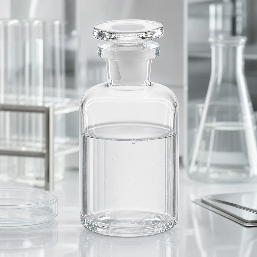 Kleine glazen voorraadflesje van 50 ml, met smalle hals en ronde schouders, helder, met stop