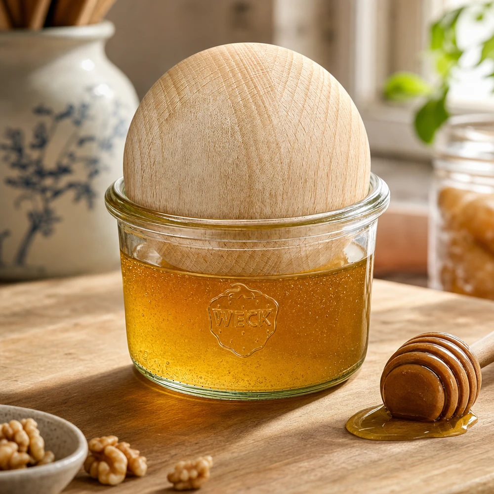 WECK bekers 200ml met beukenhouten bol gevuld met honing, honinglepel en walnoten op houten tafel in warme keuken