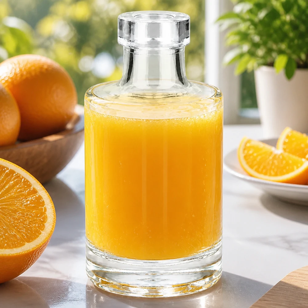 100ml glazen fles Marie gevuld met sinaasappelsap omringd door verse sinaasappels en sinaasappelschijfjes op een marmeren tafel