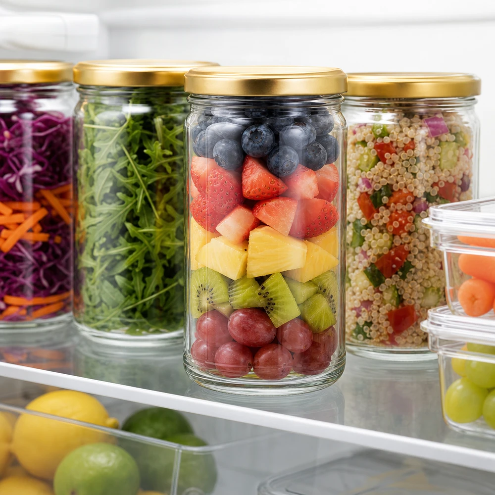 1053ml glazen pot met gouden deksel gevuld met fruit in de koelkast voor het bereiden van maaltijden en het bewaren van voedsel