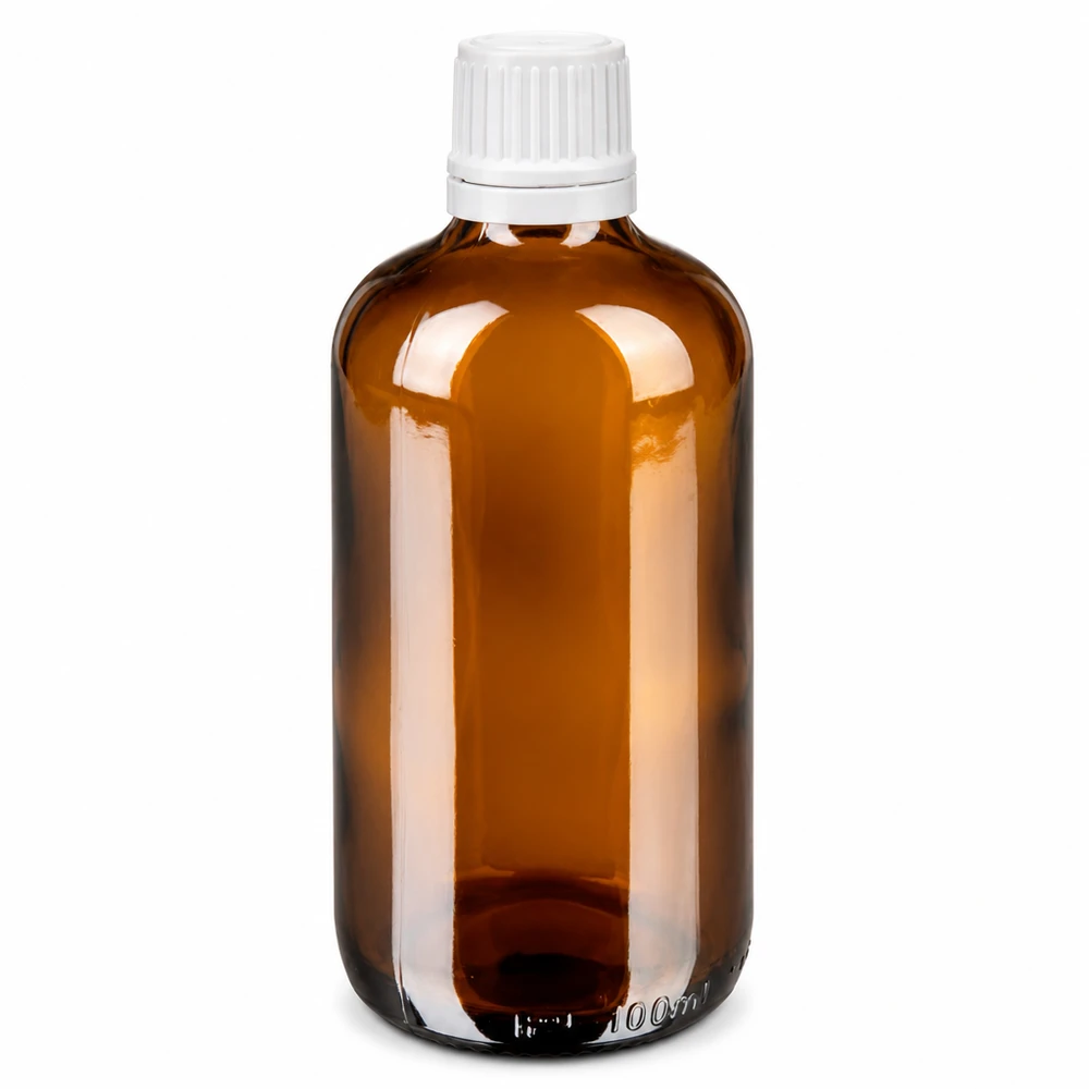 Amberkleurige glazen fles van 100 ml met witte schroefdop voor druppels, medicijnen, apotheek