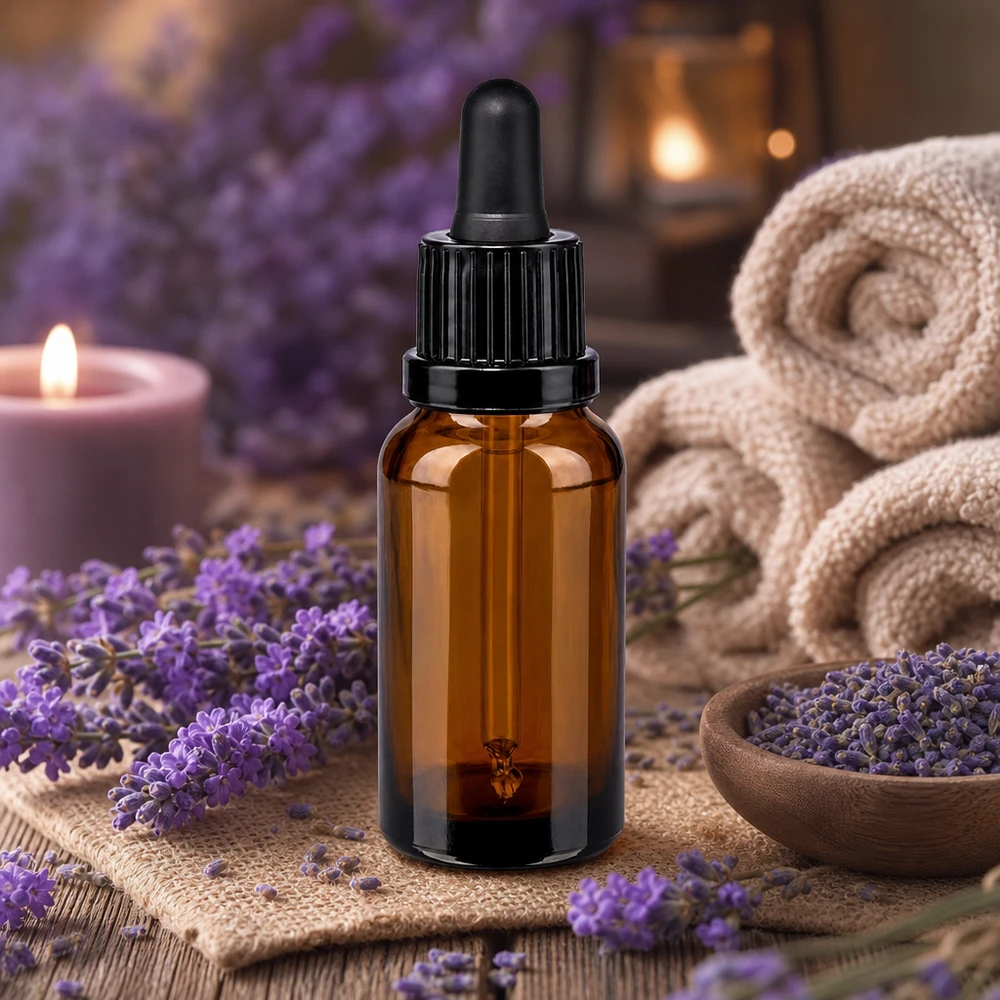 Klein amberkleurig glazen flesje van 20 ml met rubberen pipet, perfect voor op reis en om onderweg te doseren