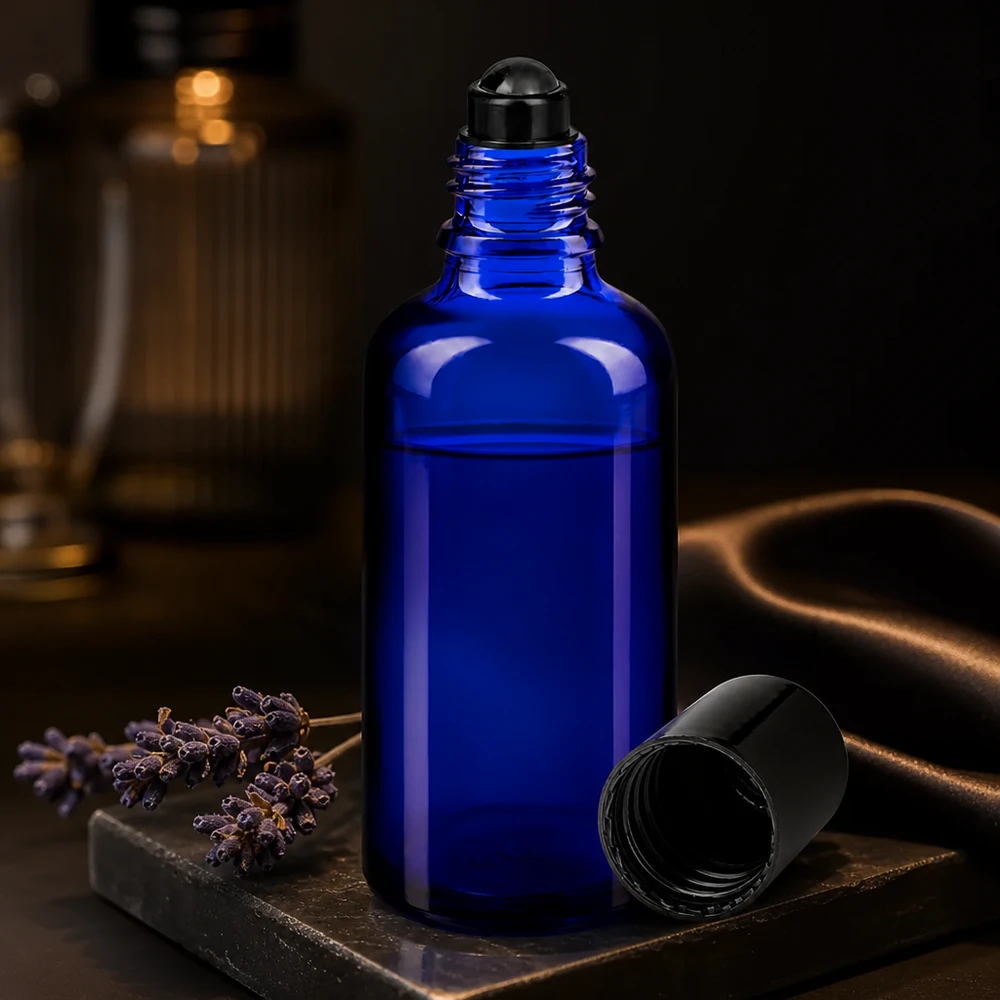 Blauwe apothekersfles van 50 ml, roll-on STD, met zwarte dop in een elegante, donkere uitstraling