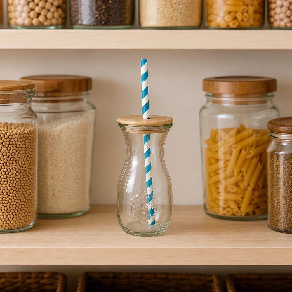6 x WECK 290 ml sapfles RR60 met houten deksel en 100 ecologische papieren rietjes WECK glazen fles 290ml met houten deksel turquoise-wit eco rietje in georganiseerde opslag keuken met potten