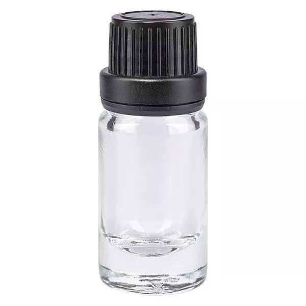 Helder glazen flessen 5ml met zwart schroefsluiting dicht. VR Helder glazen flessen 5ml met zwart schroefsluiting dicht. VR