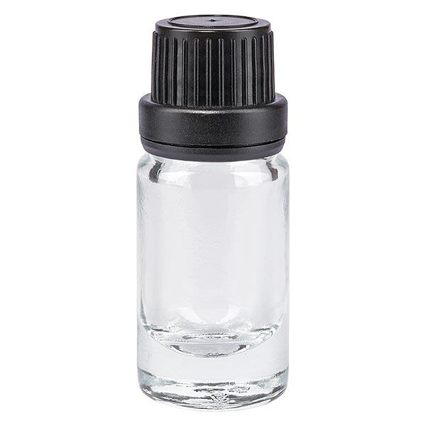 Helder glazen flessen 5ml met zwart schroefsluiting dicht. VR Helder glazen flessen 5ml met zwart schroefsluiting dicht. VR