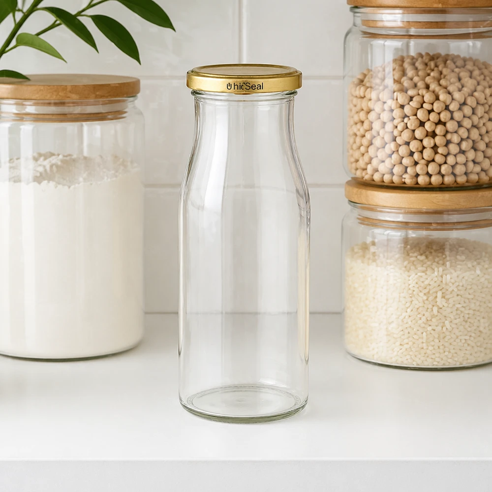 150ml fles met BioSeal deksel goud UNiTWIST Lege UNiTWIST glazen fles 150ml met gouden BioSeal dop in keuken tussen voorraadpotten met voedsel