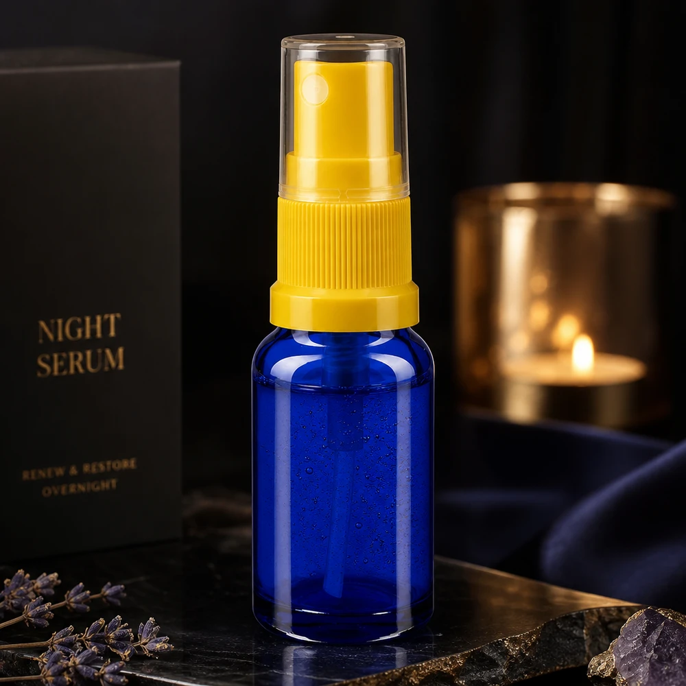 Kobaltblauwe apothekersspuitfles van 10 ml met UV-beschermend glas en een gele fijne verstuiver