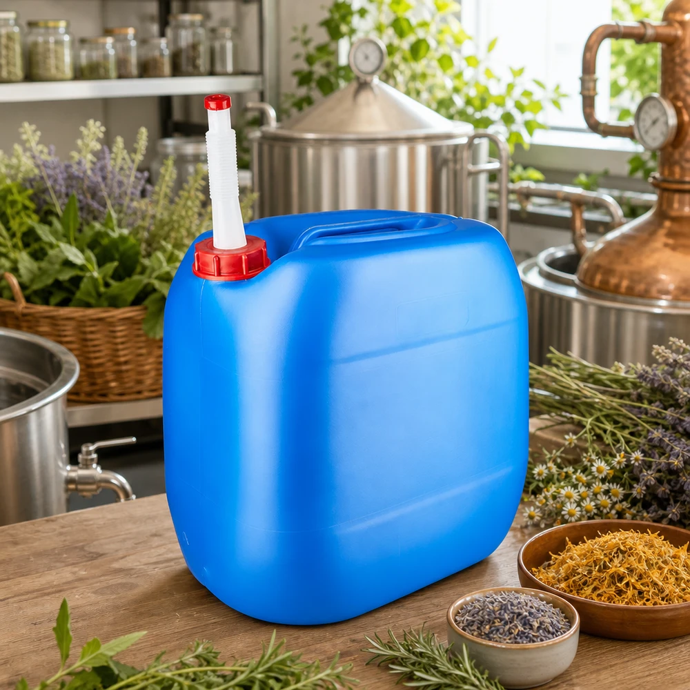 Distilleerbenodigdheden: blauwe jerrycan van 30 liter met flexibele uitloopbuis, tussen lavendel en kamille