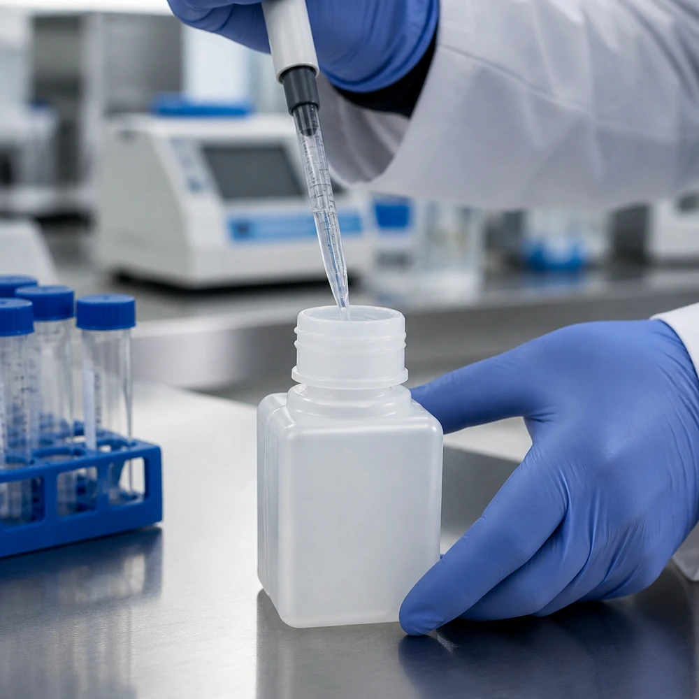 Nauwkeurig afvullen van laboratoriumvloeistof in een 20 ml-fles met smalle hals van polyethyleen met hoge dichtheid