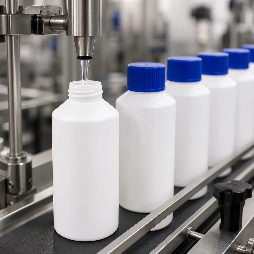 Witte HDPE-apotheekflesjes van 50 ml met blauw SV in de geautomatiseerde farmaceutische productie