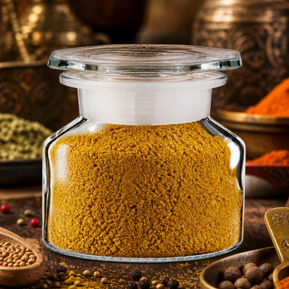 Idee voor een glazen kruidenpotje: schuine schouders nauwe hals 50 ml helder glas incl. glazen stop Bolvormige kruidenfles met brede hals, 50 ml, gevuld met intens geel masala-kruidenpoeder