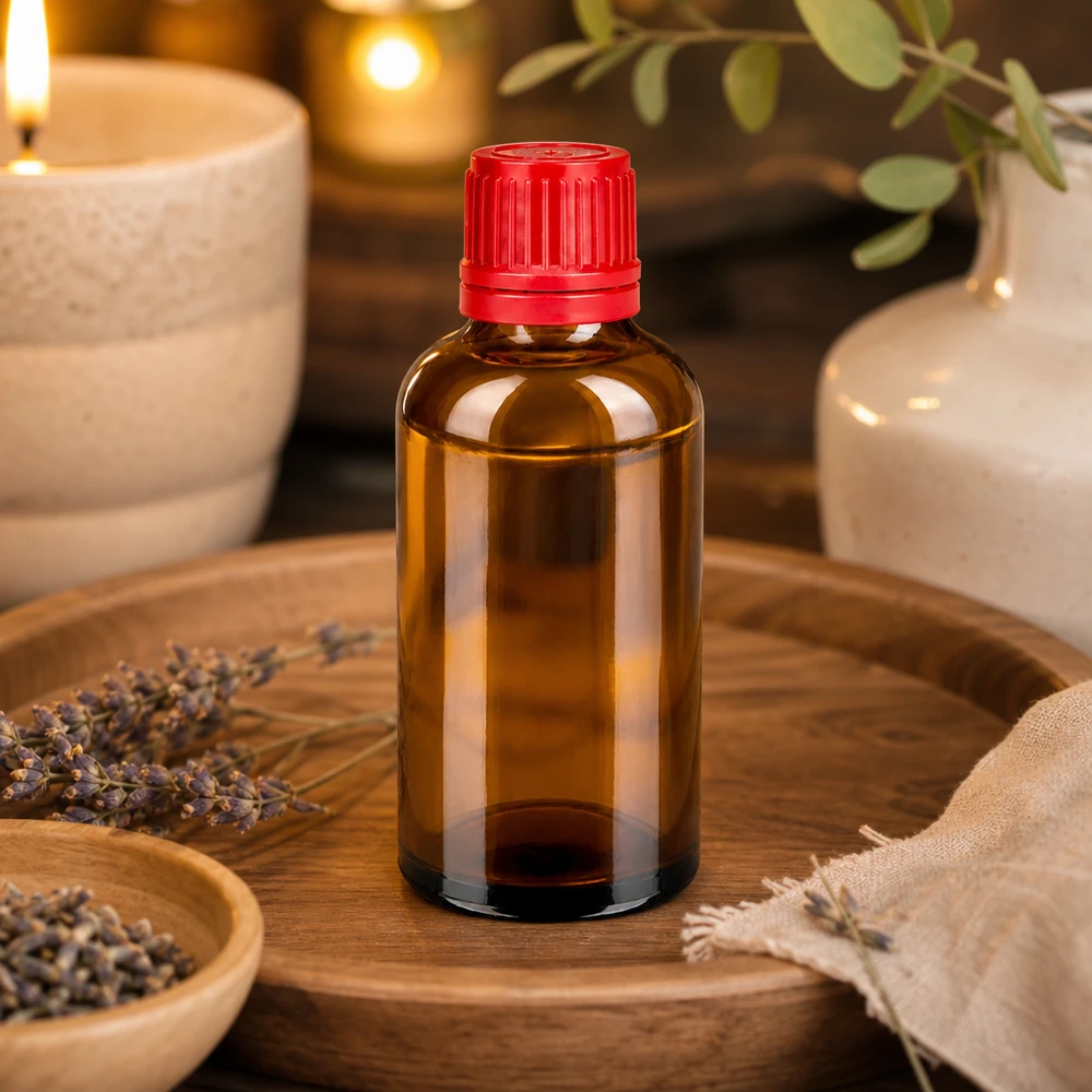 50ml fles 11mm SV rood OV BrownLine UT18/50 Lichtbeschermde apothekersfles van 50 ml met ergonomische rode schroefdop voor druppels