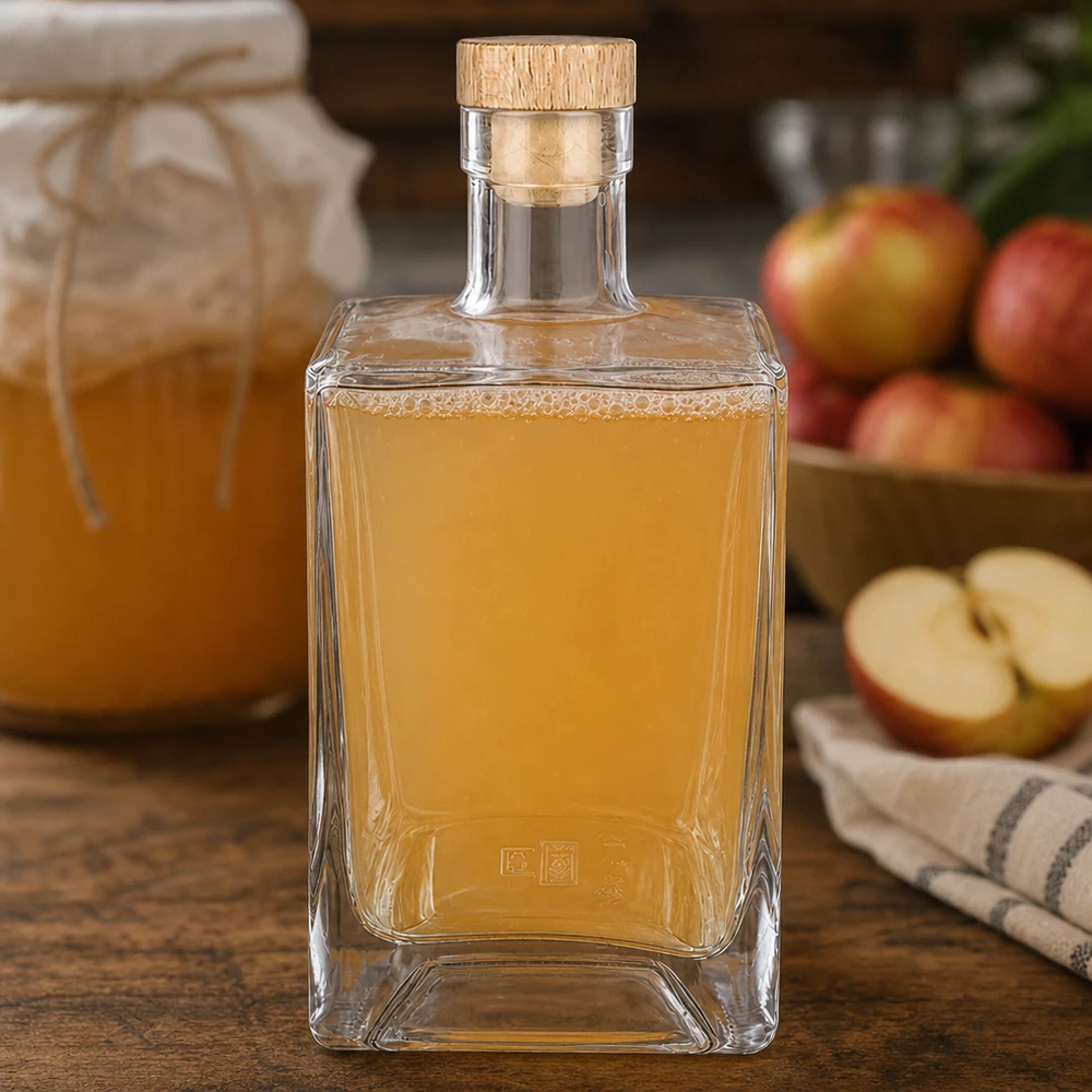 700 ml glazen fles Ben met houten kurk UNiTWIST® 700ml glazen fles Ben gevuld met appelbrandewijn naast verse appels Keukendecor Houten kurk UNiTWIST vruchtenbrandewijn