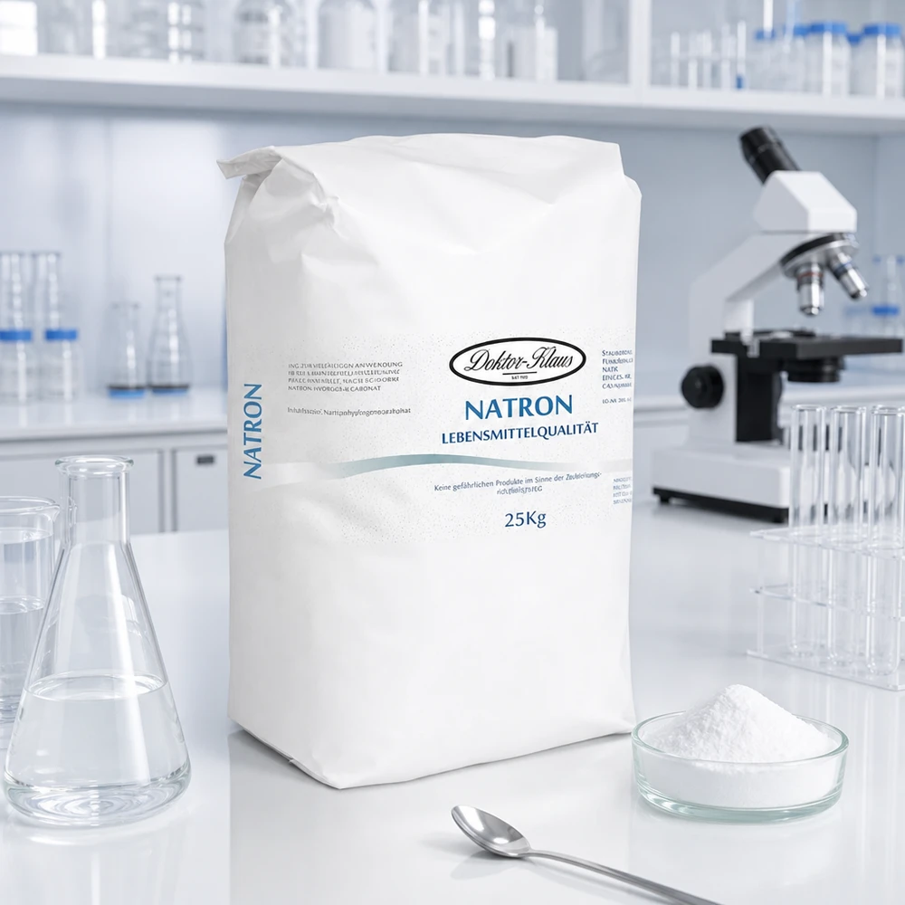 Witte papieren zak van 25 kg zuiveringszoutpoeder in een laboratoriumomgeving voor professionele chemische toepassingen