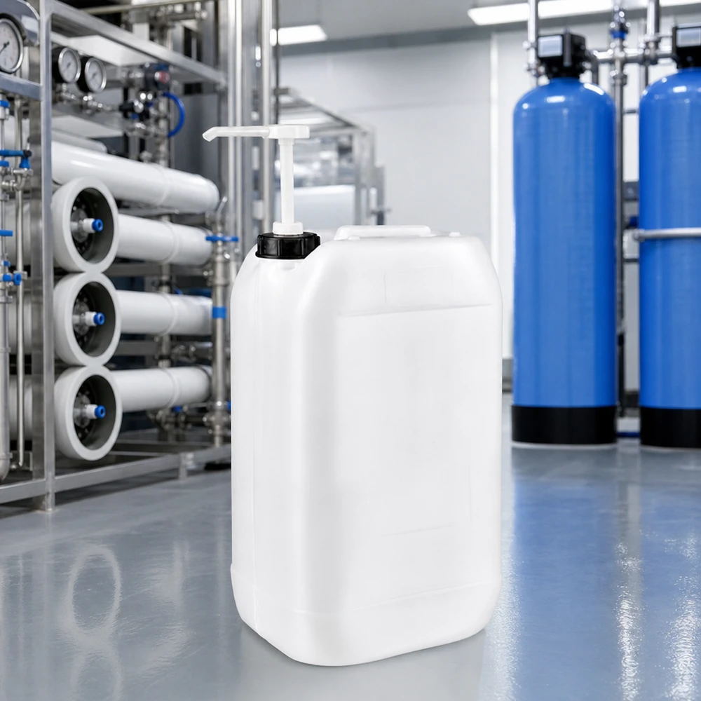 15-liter jerrycan met doseerpomp op een bodem van epoxyhars in een professionele waterzuiveringsinstallatie
