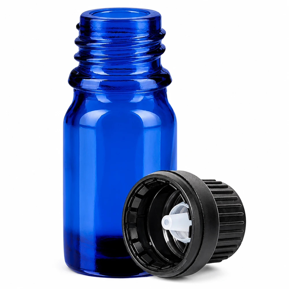 5ml druppelflesje 2mm zwart OV BlueLine UT18/5 Hoogwaardige 5ml druppelflacon van kobaltblauw glas met zwarte verzegelbare dop