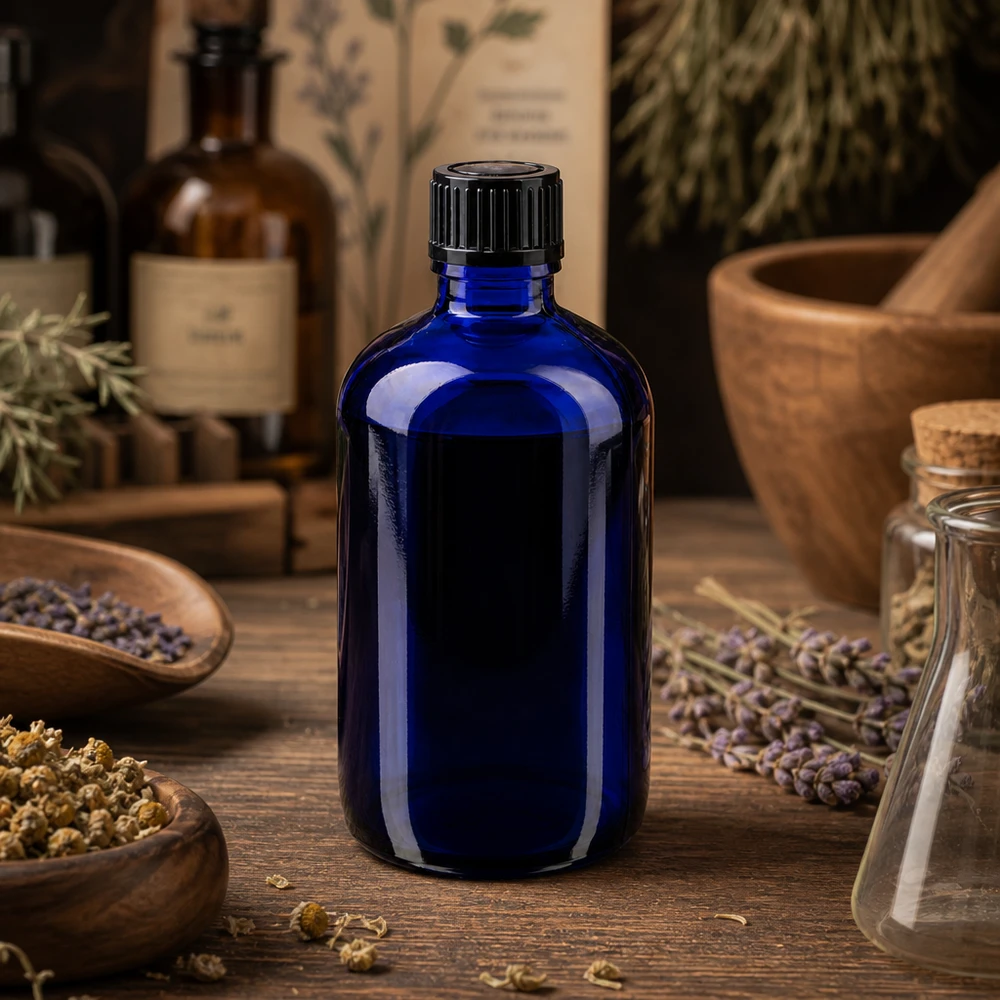 Lichtbeschermende blauwe glazen fles van 100 ml (STD) voor kruidenextracten en natuurlijke cosmetica